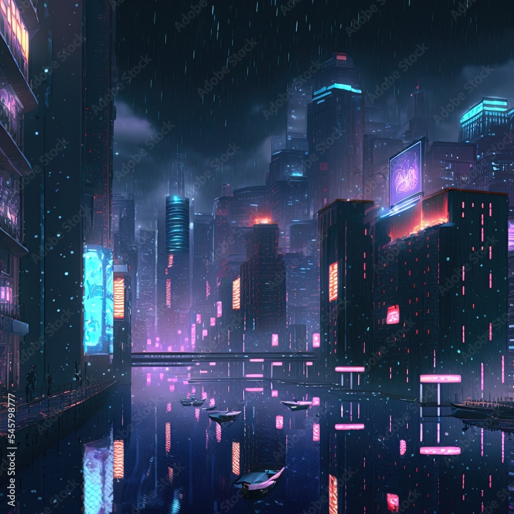 Conceptual 3d illustration of a night city with lighting from glowing water. 3d rendering.