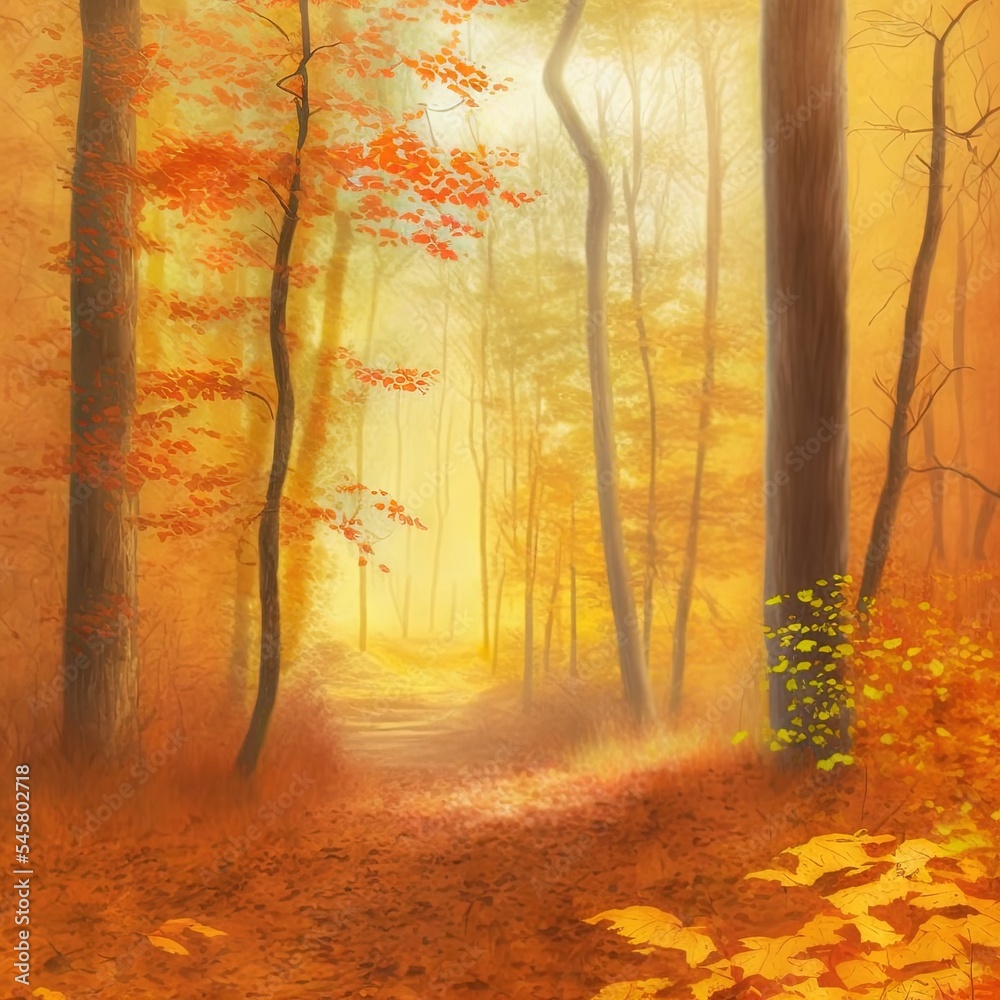 Autumn forest scenery. Orange leaves on the trees. Fall nature landscape.