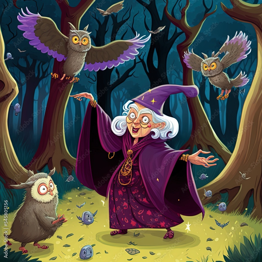 cartoon scene with happy old woman witch sorceress in the forest encountering pair of owls flying il