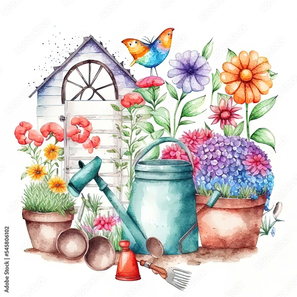 Watercolor art painting with flowers and vintage garden objects, greenhouse and gardening tools. Han