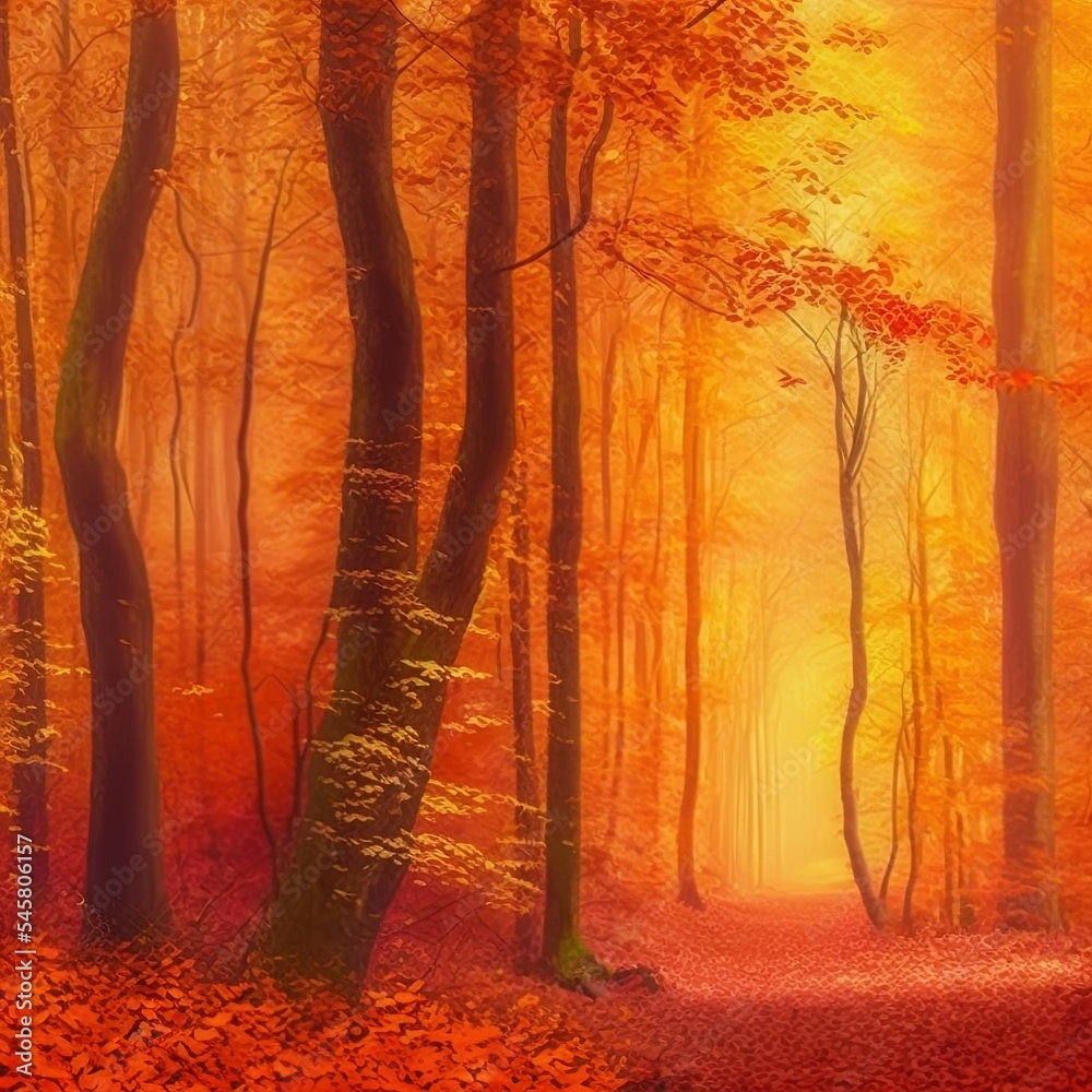 Autumn forest scenery. Orange leaves on the trees. Fall nature landscape.