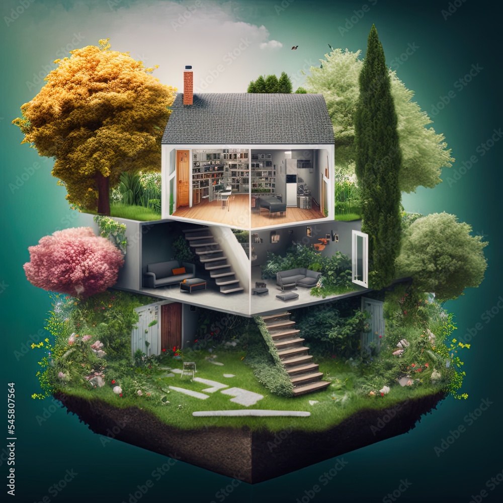 Sliced house among a garden with many trees and internal content in front view. 3d illustration