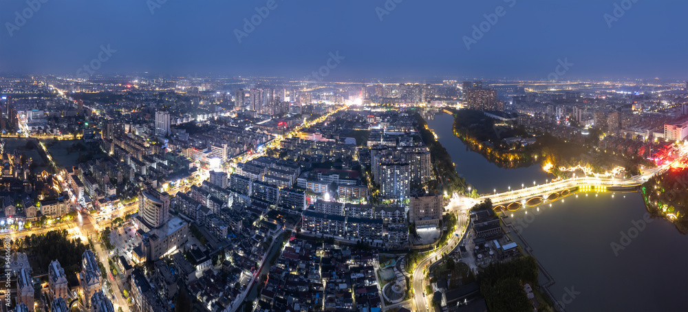 Aerial photography of Taizhou city night scene large format