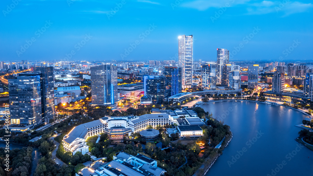 航拍苏州城市建筑天际线夜景