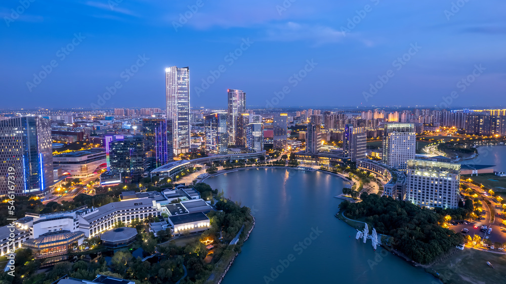 航拍苏州城市建筑天际线夜景