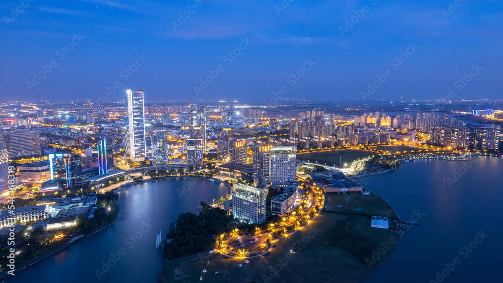 航拍苏州城市建筑天际线夜景