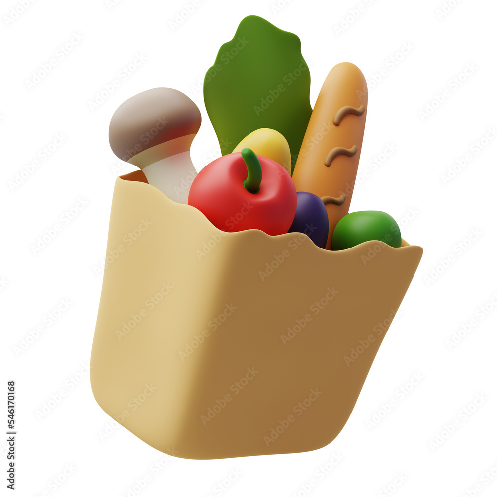 3D icon of  Bag of healthy food, Organic fresh and natural food. Grocery delivery concept.