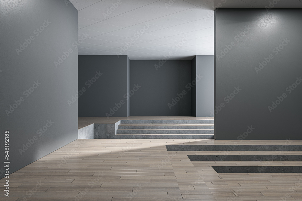 Abstract free form concrete geometric interior with stairs, wooden flooring and mock up place on wal