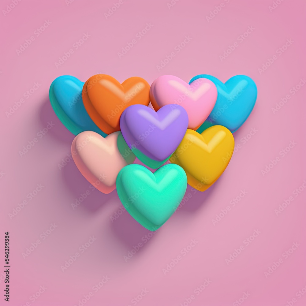 3d cartoon colorful heart shape toy collection, isolated on light pink background. Suitable for Vale