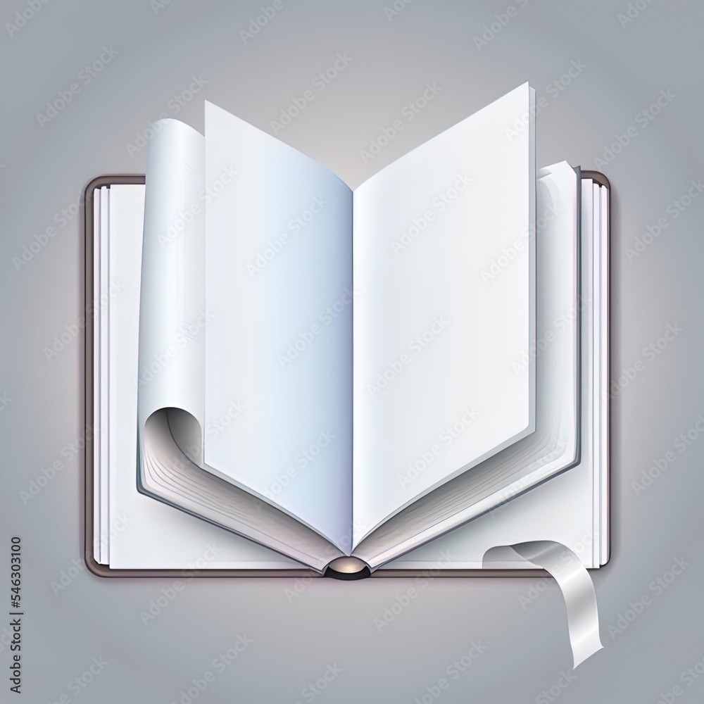 Open book, diary with white paper blank pages and bookmark. 3d 2r illustrated icon. Cartoon minimal 