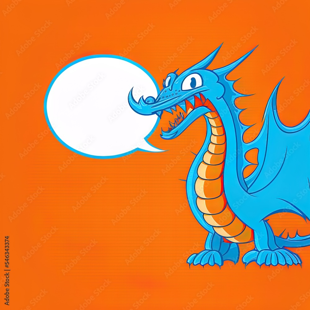 Blue dragon on orange background with bubble speechhigh quality illustration