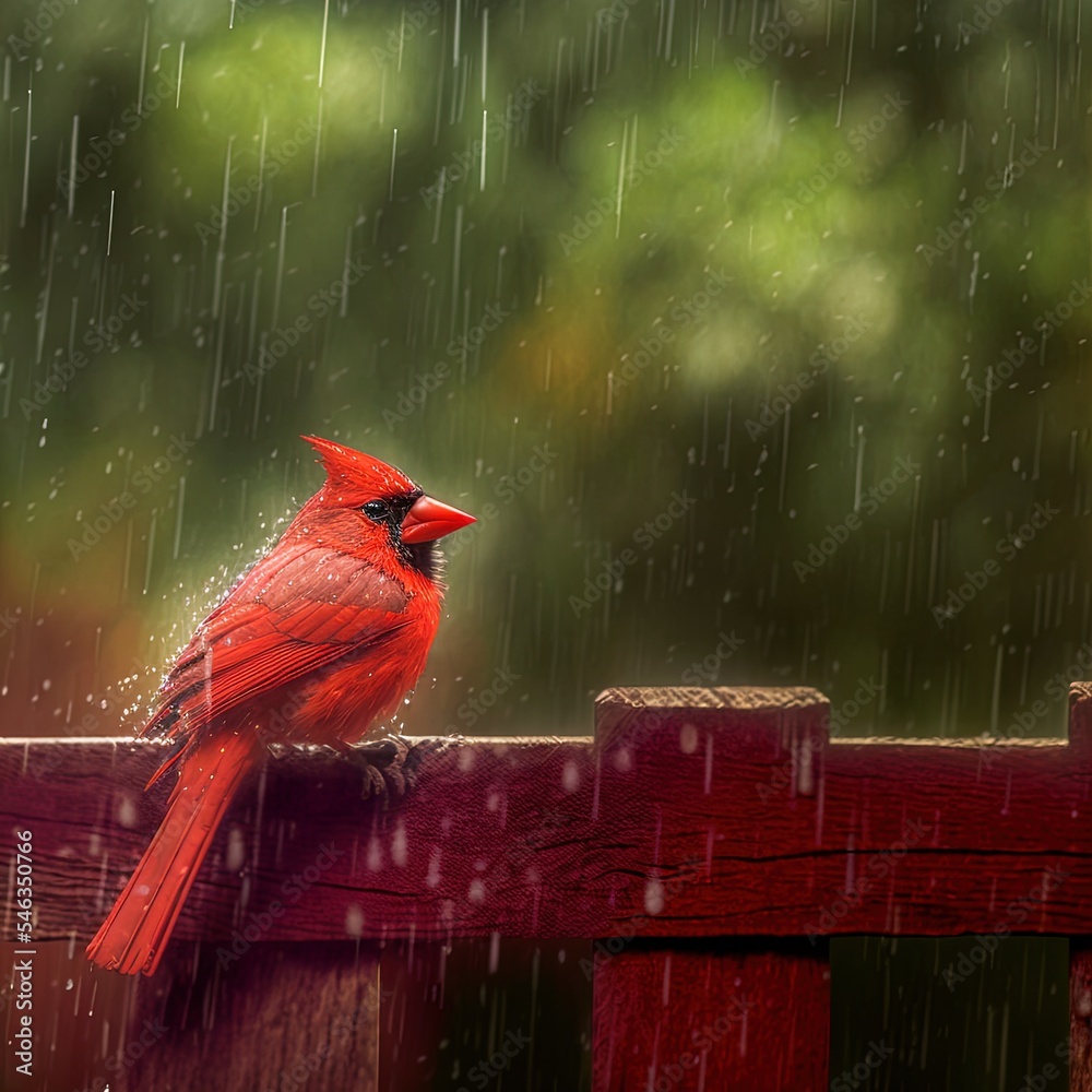 北方红衣主教（Cardinalis Cardinalis）被雨滴覆盖，栖息在乡村风化的fe上