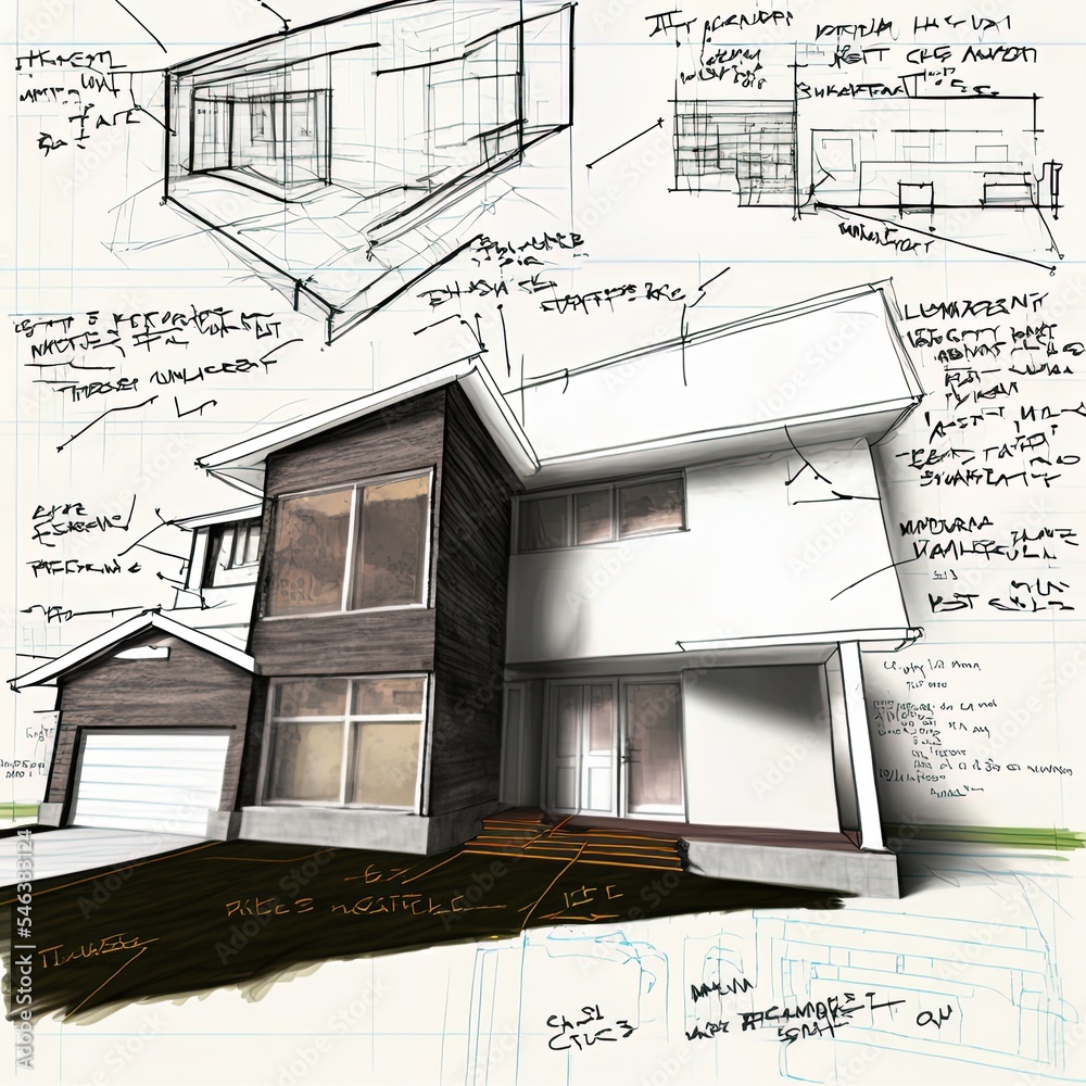 房屋项目草案的3D渲染，带有手写笔记和图纸高质量插图