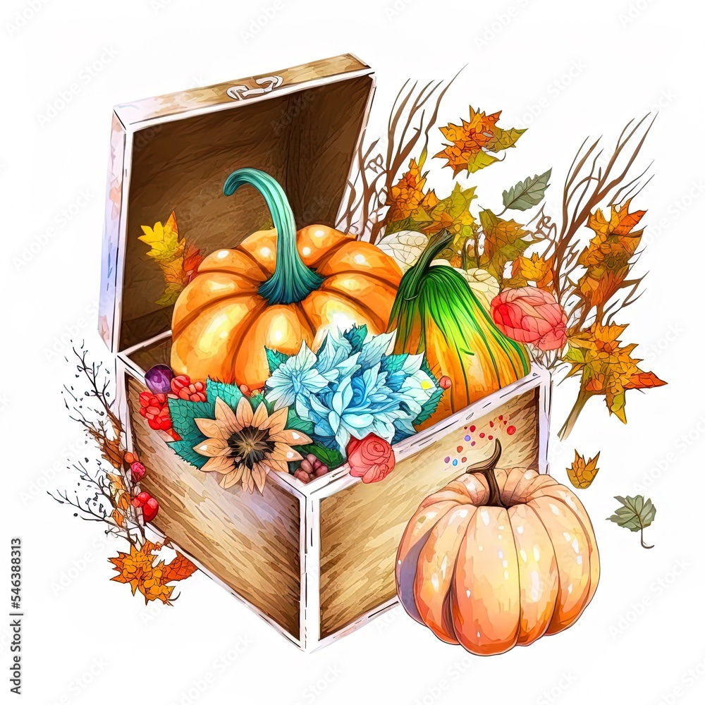 Pumpkins in a box with leaves, flowers, harvest festival, Thanksgiving Watercolor card , anime style