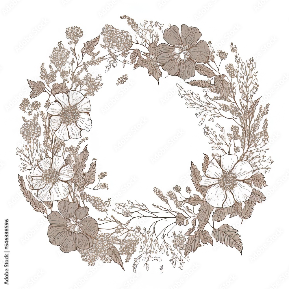 Wreath with spring wild flowers. Hand drawn botanical illustration. Taupe brown and white, line sket