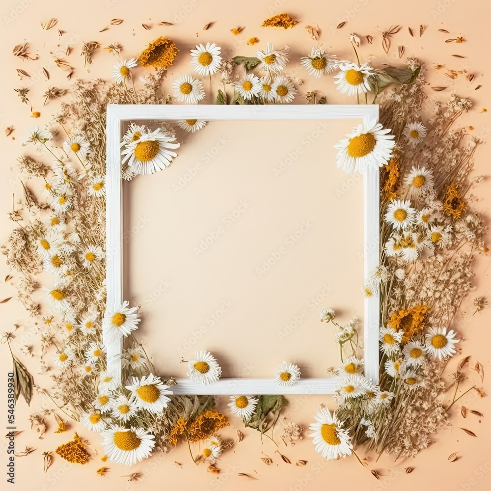 Autumn frame of dried flowers Autumn composition of dried chamomile Autumn background Flat lay, top 