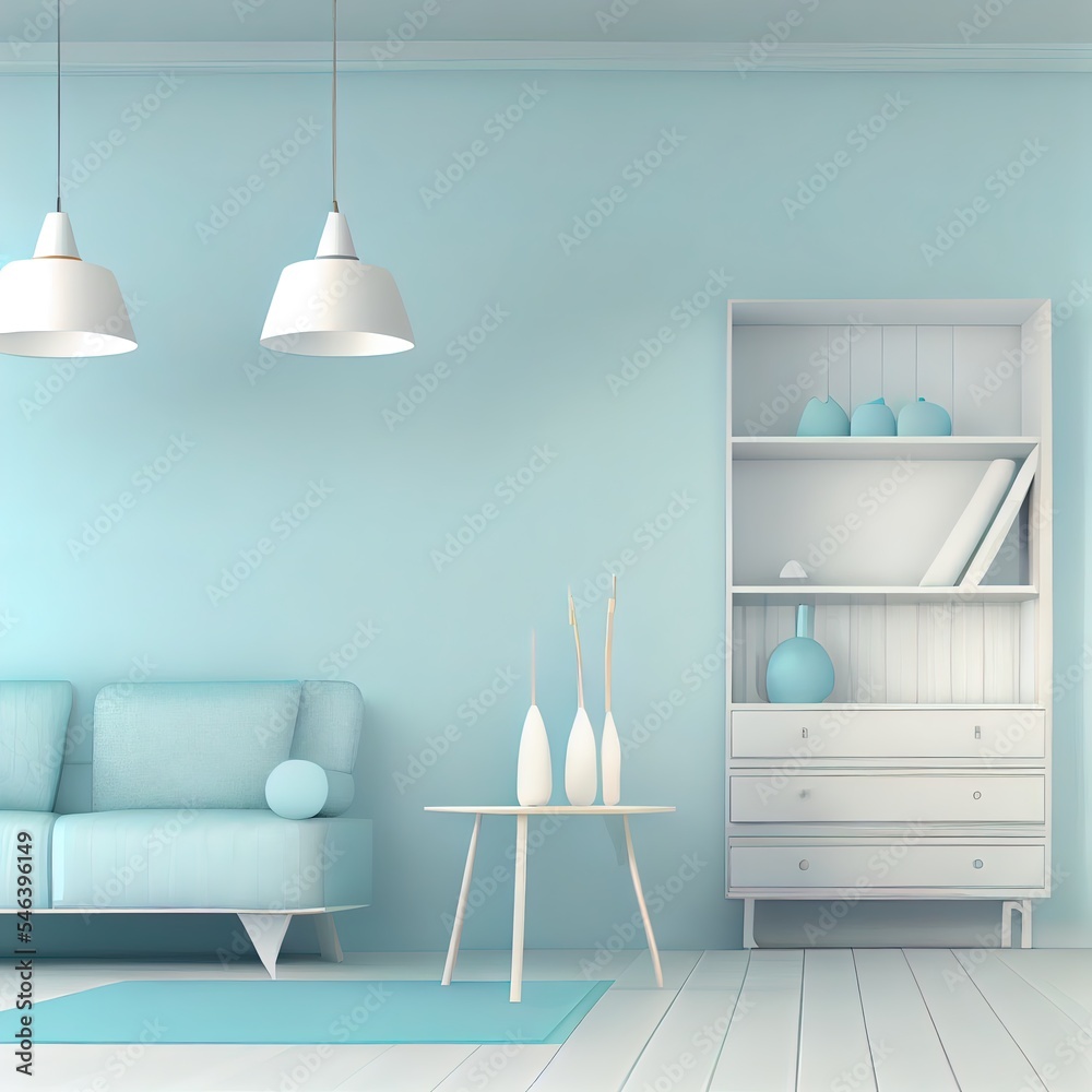 Interior of the room in plain monochrome pastel blue color with furnitures and room accessories. Lig