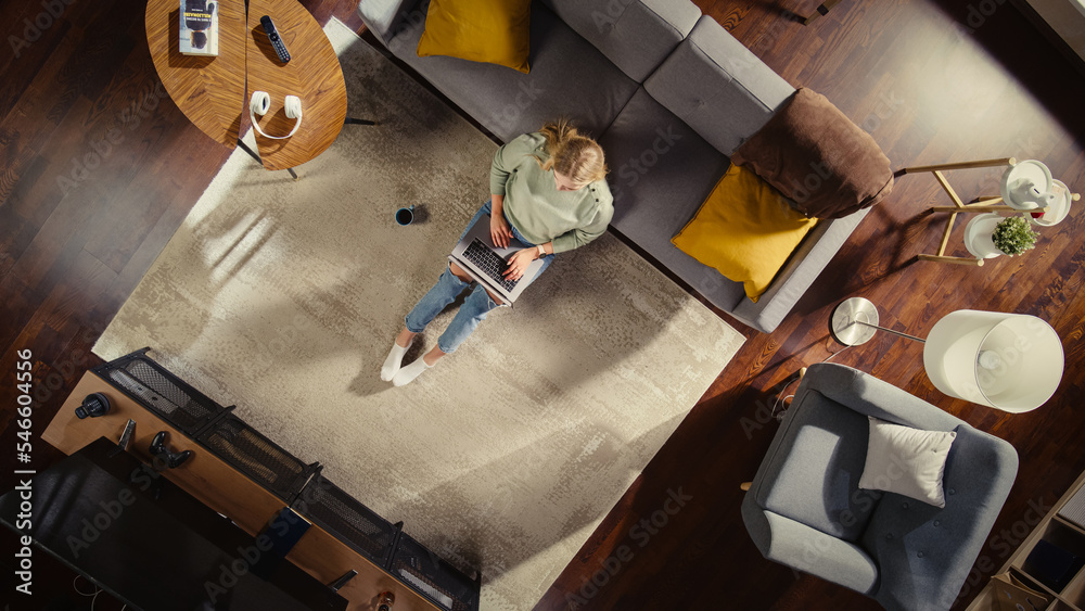 Stylish Loft Apartment Interior: Young Woman Typing on Laptop and Sitting on carpet in Living Room. 