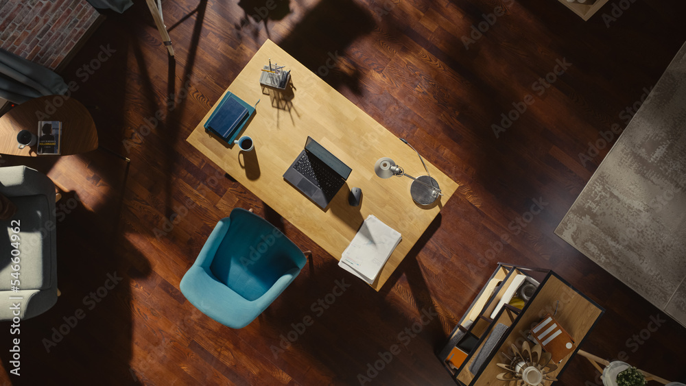 Top View Shot of Home Office: Stylish Empty Home Office Space, Wooden Desk, Laptop Computer, Wooden 