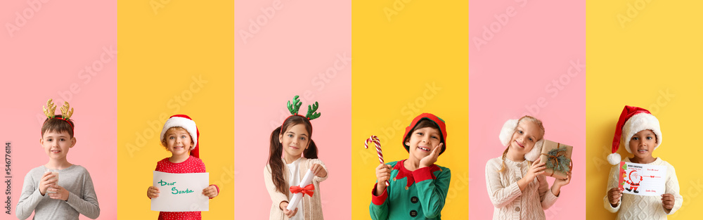 Collage with cute children celebrating Christmas on color background