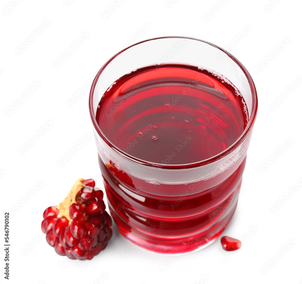 Glass of fresh pomegranate juice isolated on white background