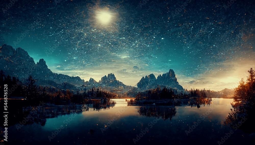 Spectacular nature background of beautiful mountain and lake in starry night with shimmering light, 