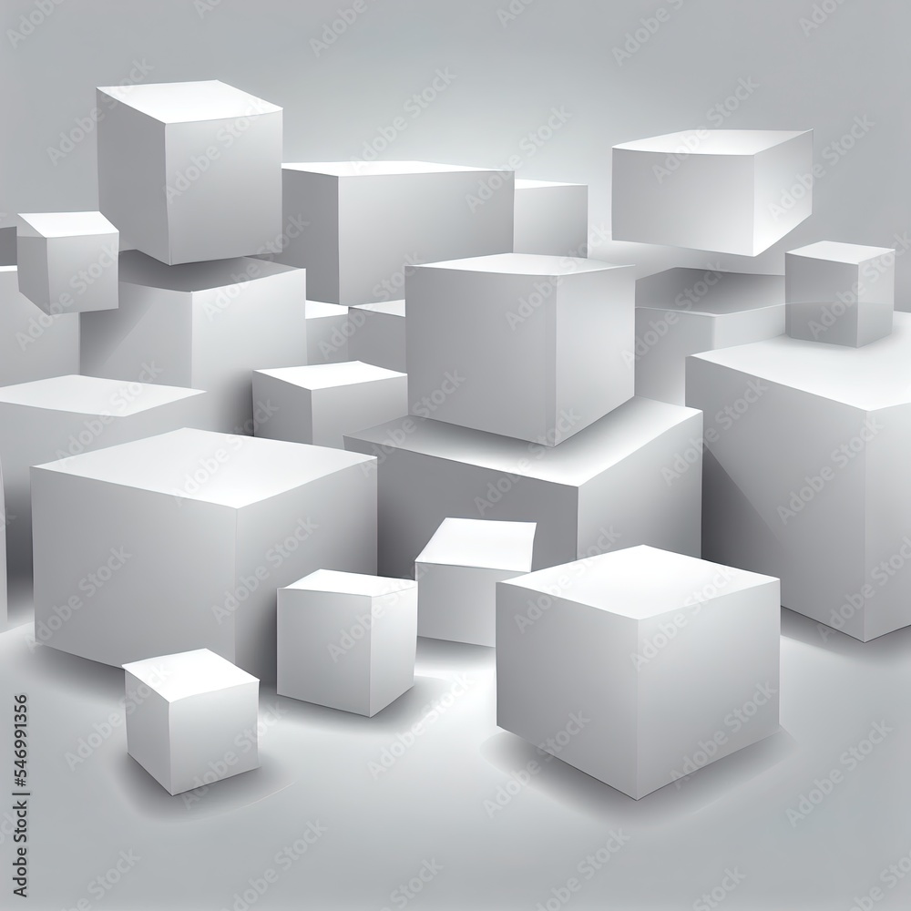 Bulky white boxes of different sizes. Illustration with 3D geometric shapes. Parallelipipids on a gr