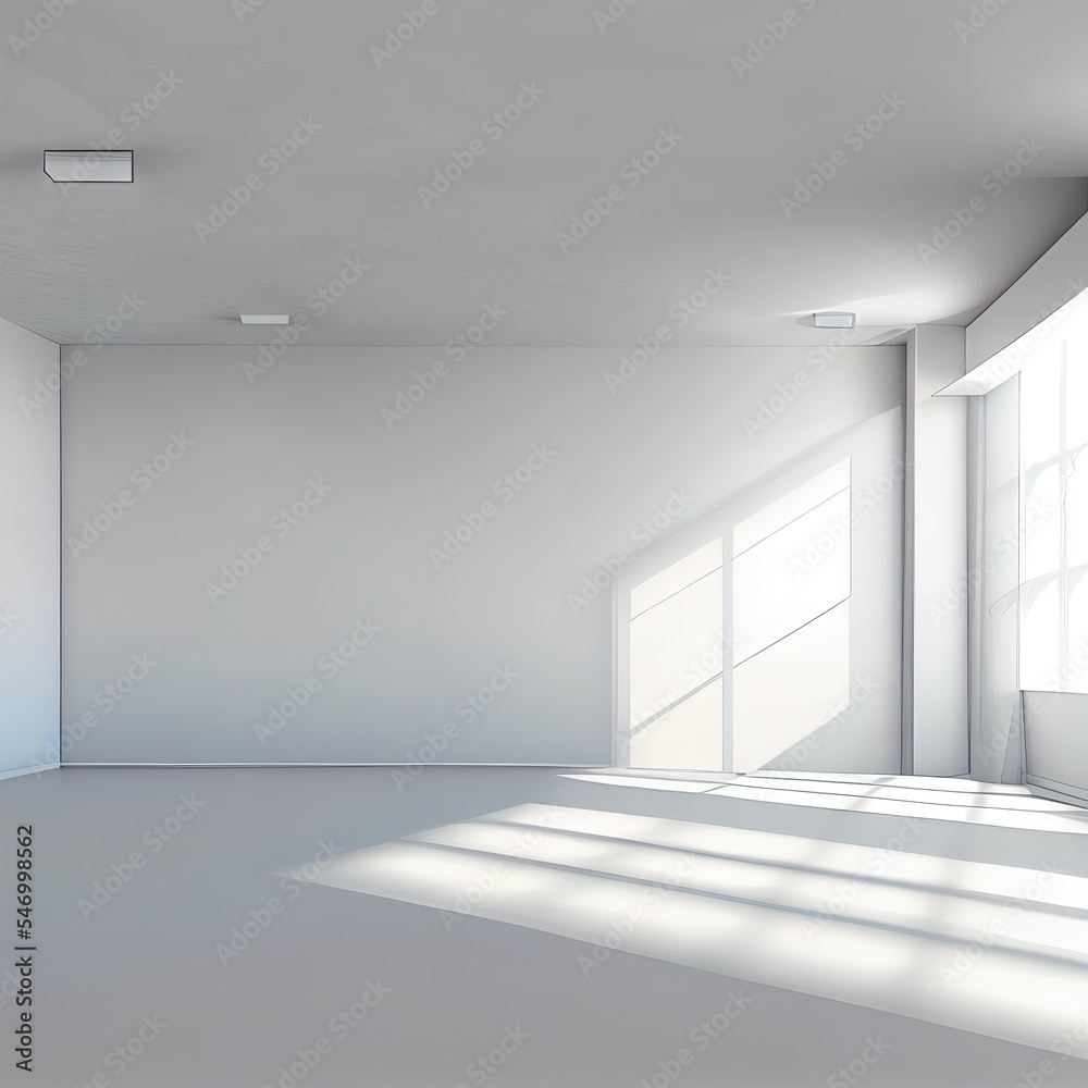 Empty interior with shadows, daylight and copy space on white wall. Mock up, 3D Rendering