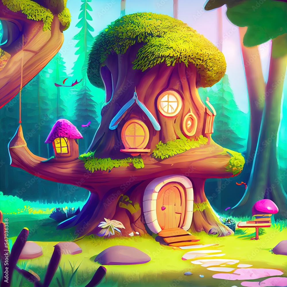 Fairyland house in the forest. Enchanted woods with tiny fantasy houses in a dreamlike digital artwo