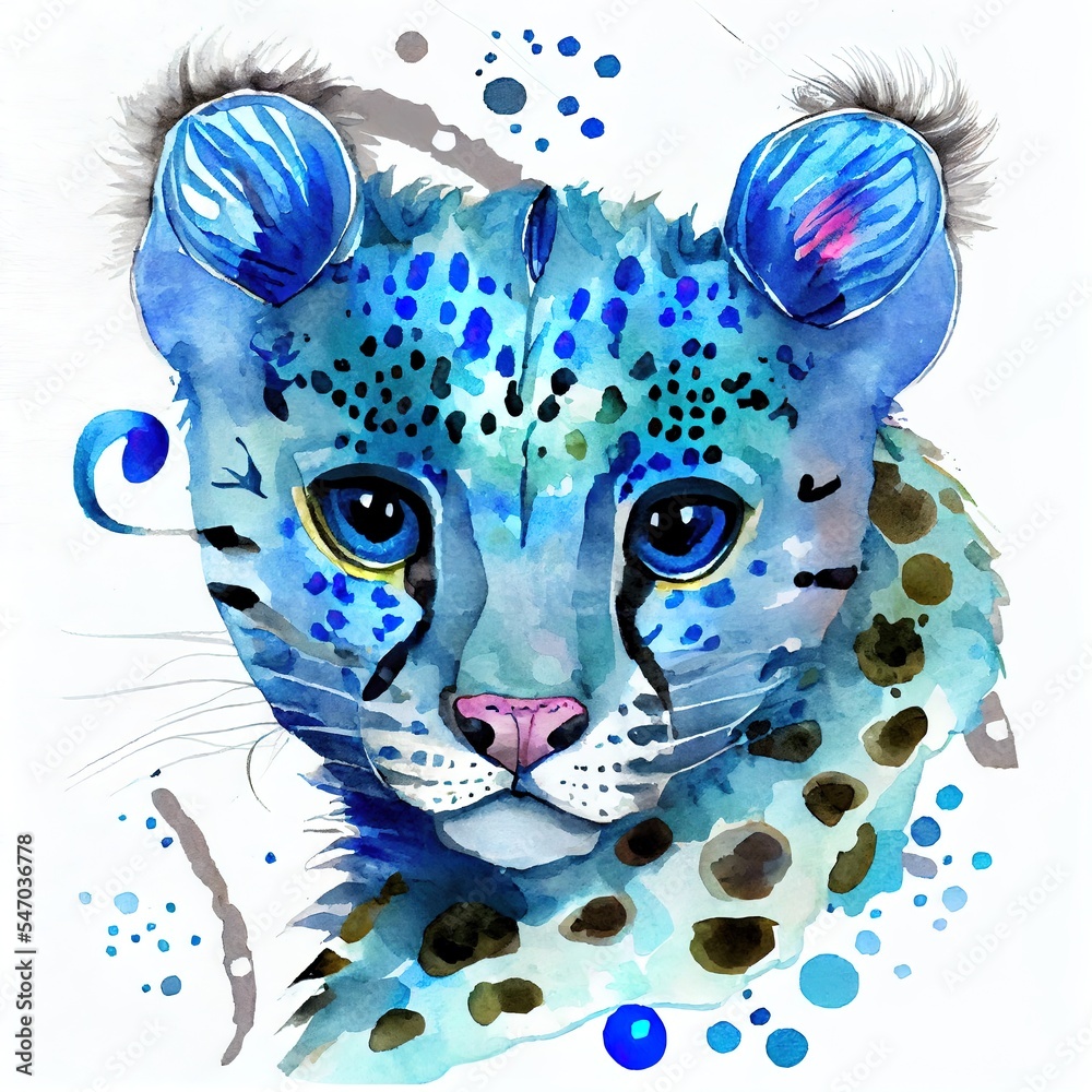 Wash Drawing. Leopard Folk Design. Drawing endless Threadbare textile. blue Serval Texture. Drawing 