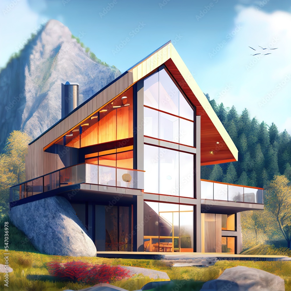 3D visualization of a house in the mountains. House in modern style. Architecture. Facade with panor