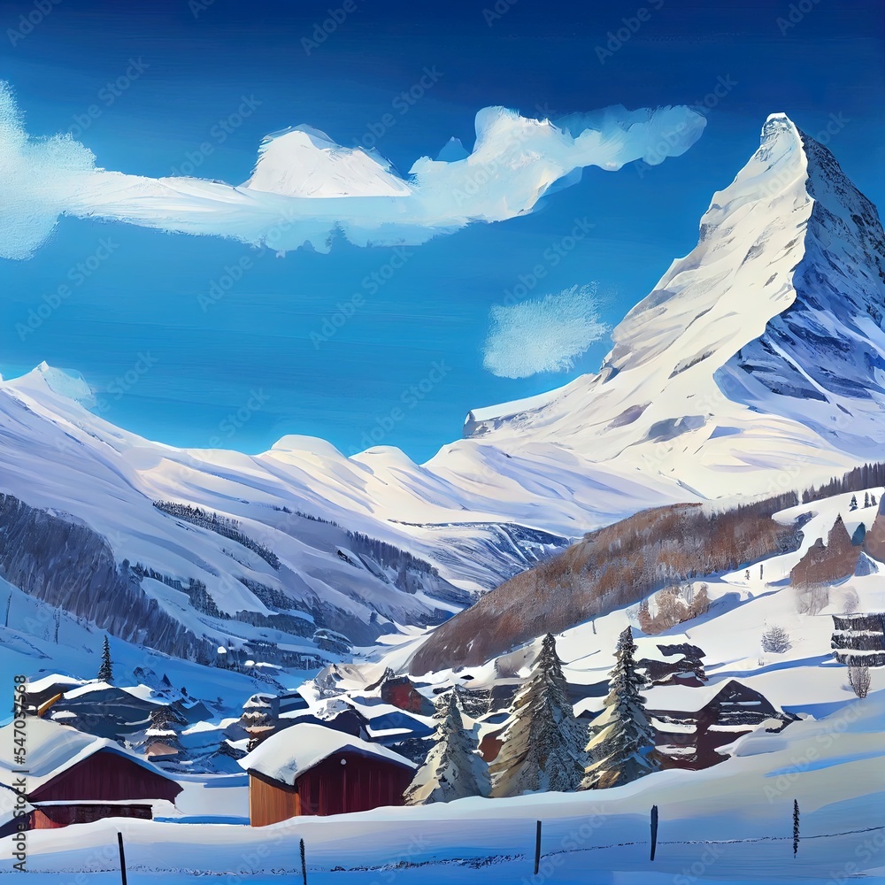 Zermatt, digital painting, switzerland mountain during winter. Snowy swiss landscape with Matterhorn