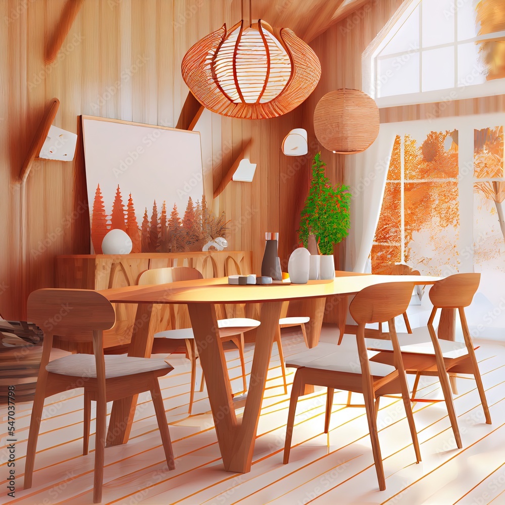 3d illustration, wooden dining room in Nordic style