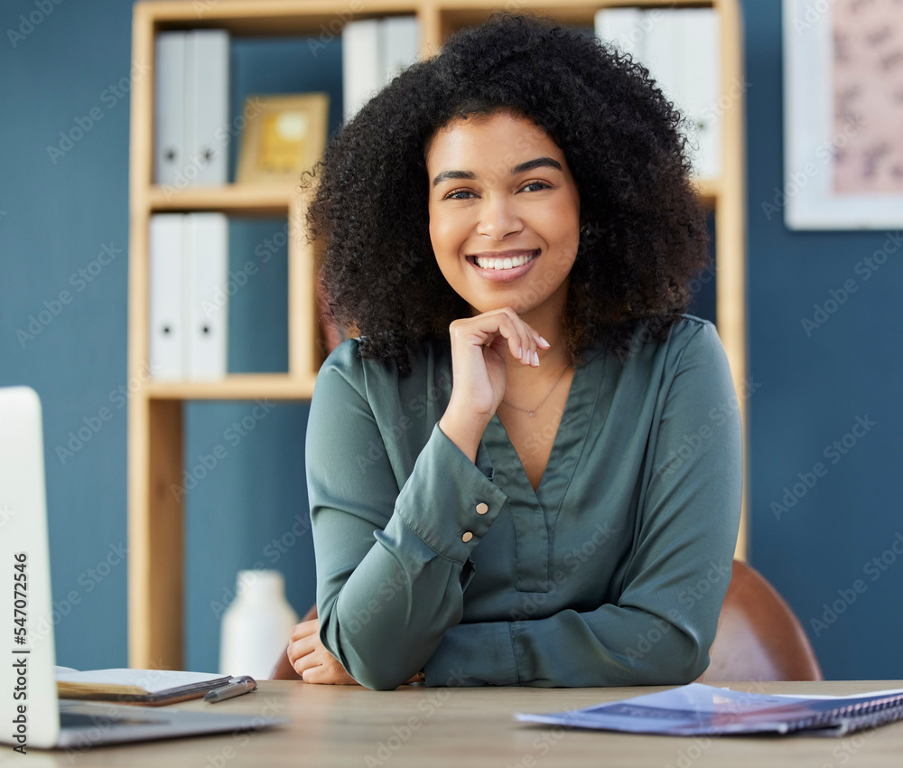 Face, happy and human resources with a business black woman sitting at a desk in her office. Portrai