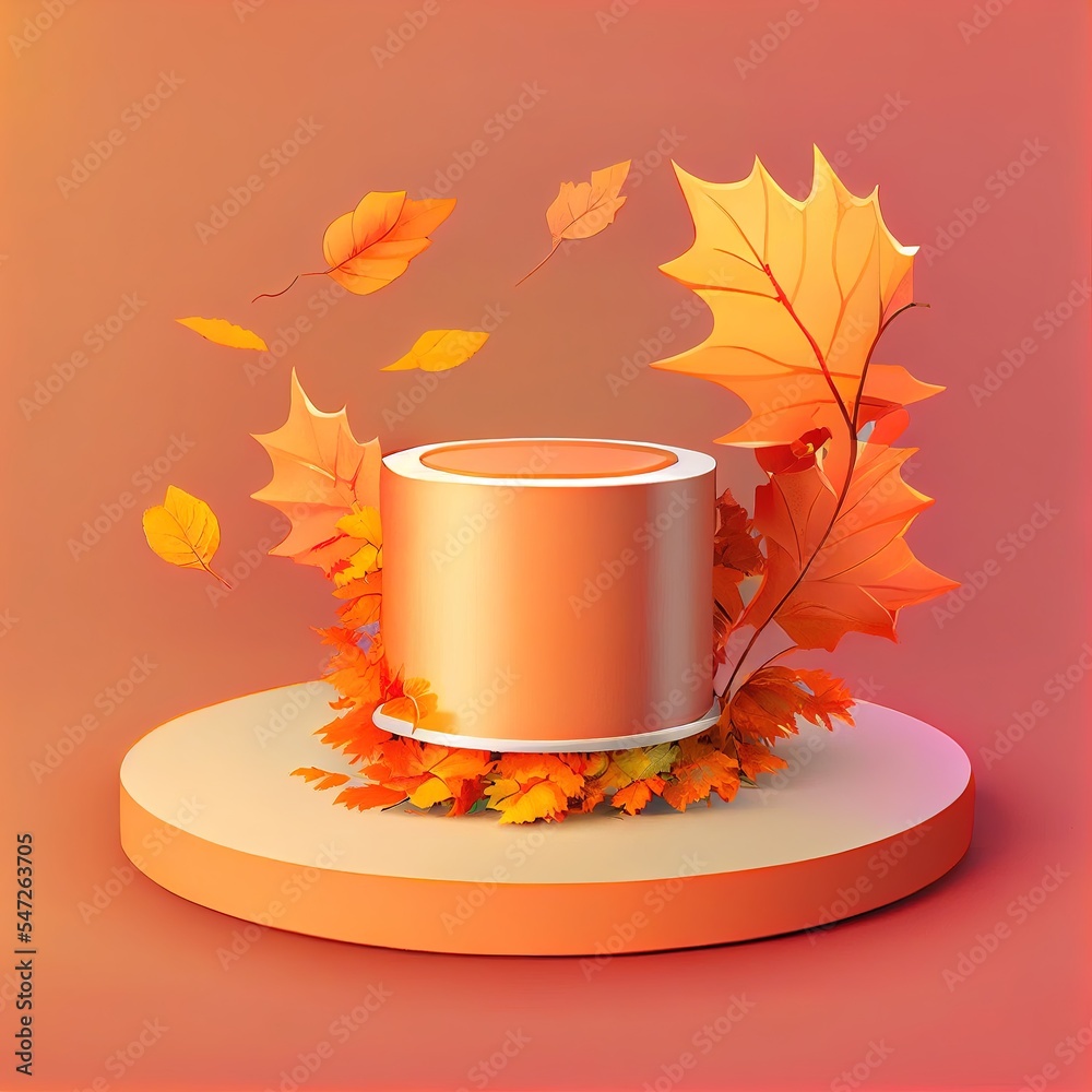 3D Autumn scene beauty podium with empty cylinder stand for promotion product display Orange dry pla