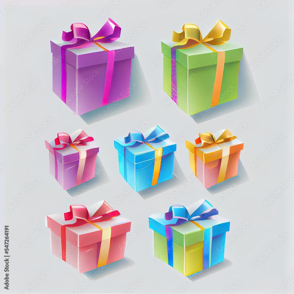 3d color gift boxes set with pastel ribbon bow isolated on a white background. 3d render flying mode