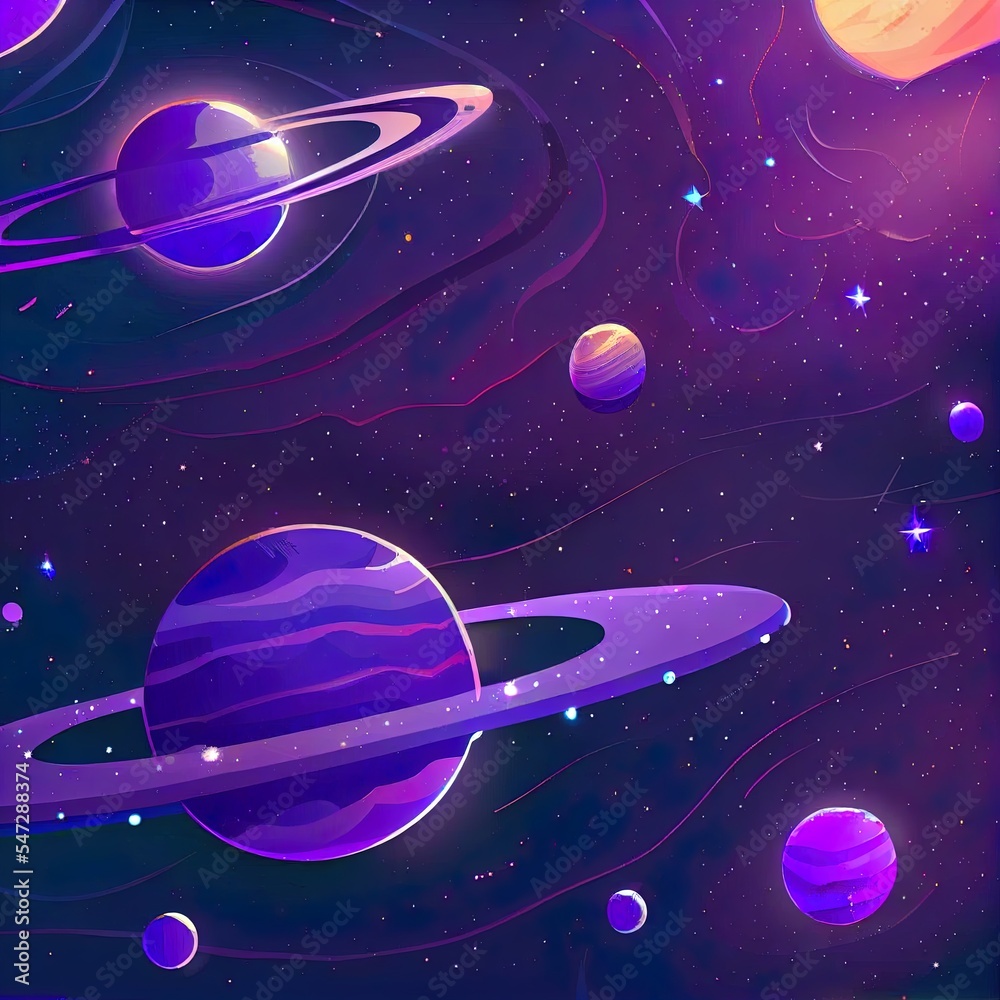 土星行星和小行星的太空星系背景，卡通宇宙纹理。2d插图s