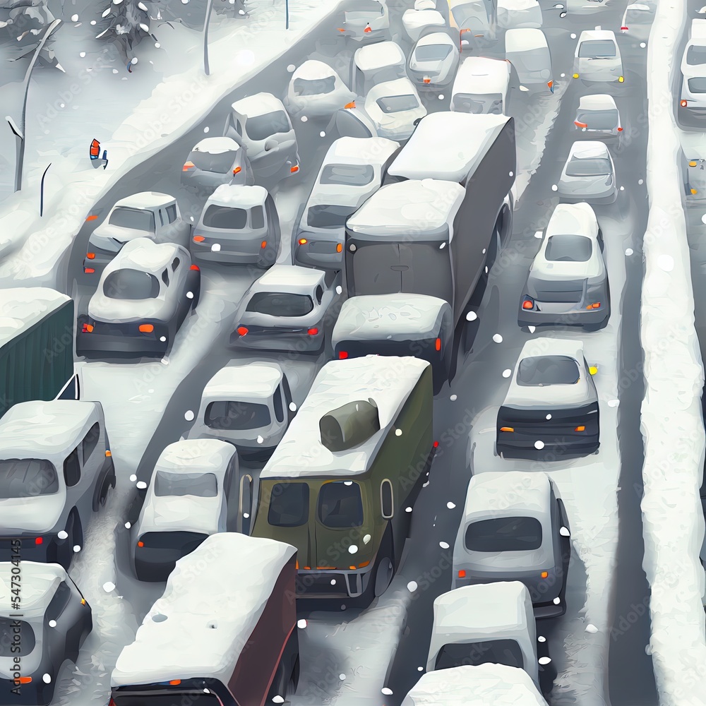 Traffic jam caused by heavy snowfall