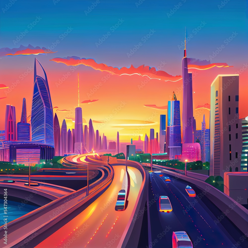 Dubai skyline at sunset with beautiful city center lights and Sheikh Zayed road traffic, Dubai, Unit