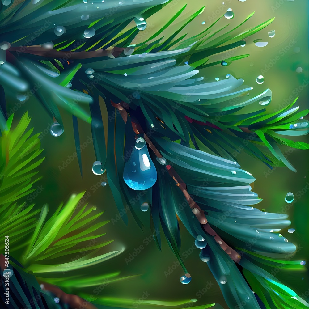 Blue Spruce with drops of water, macro