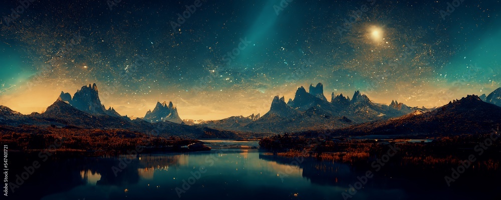 星光闪烁的夜晚，美丽的山脉和湖泊的壮观自然背景，