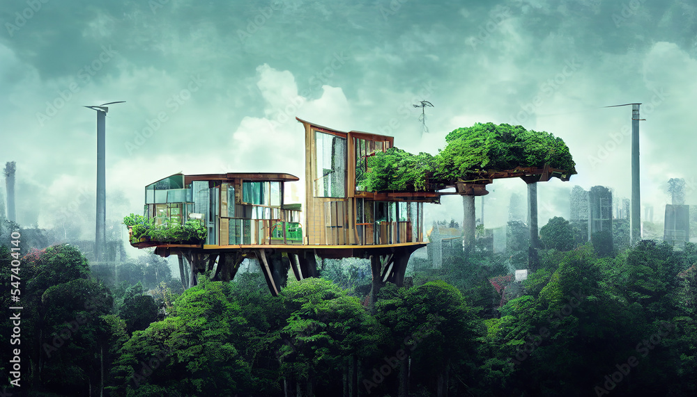 Spectacular concept art of environmental friendly modern treehouse with sustainable food and energy 