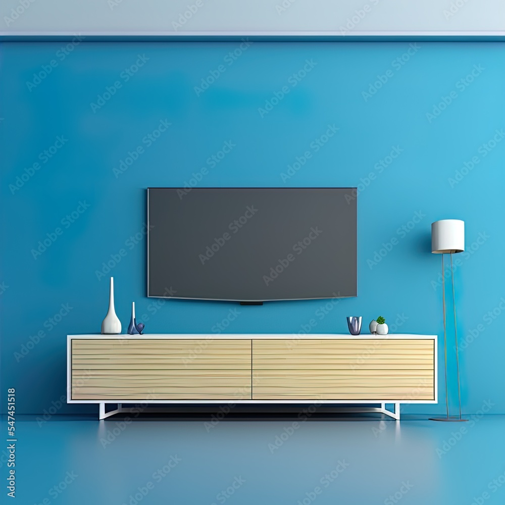 Smart Tv Mockup with blank screen hanging on the blue wall, living room. 3d rendering