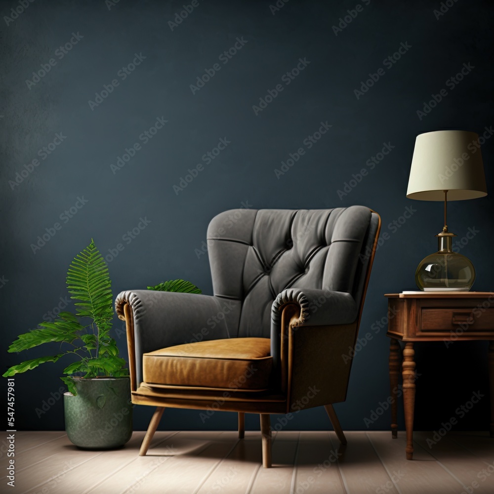 The interior has a armchair on empty dark wall background,3D rendering