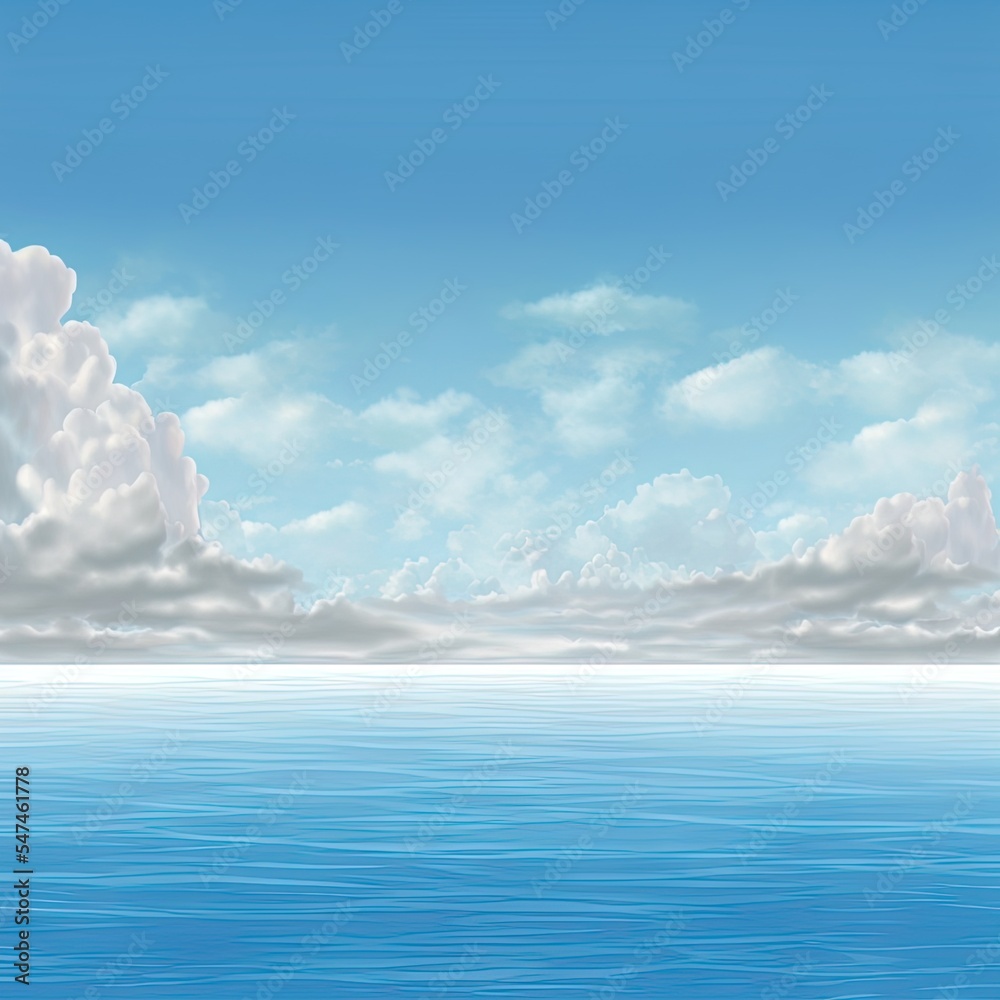 Wide panorama view of open ocean or sea with blue sky and light clouds, 3D illustration