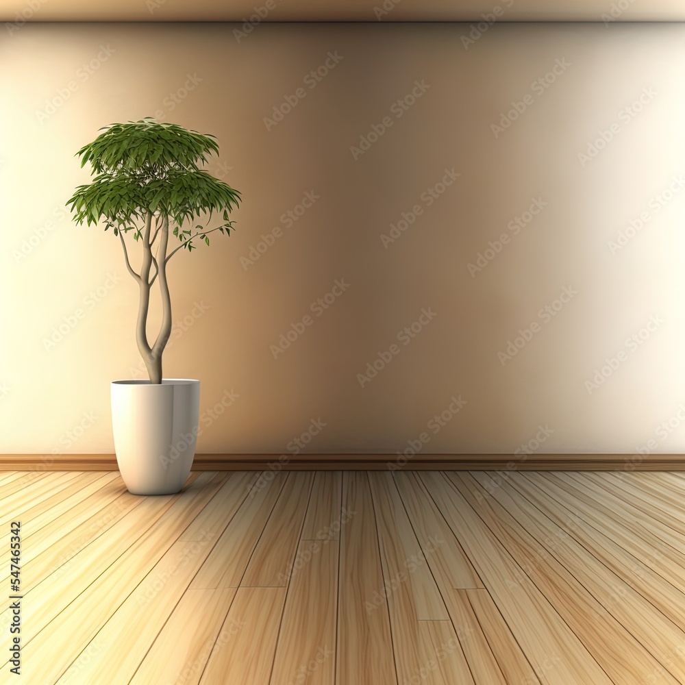 3D rendering of modern empty room interior .Plant pot. Parquet floor