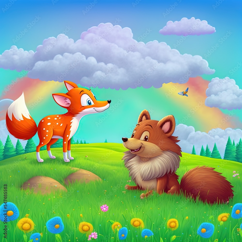 cartoon scene with animal friends fox and hedgehog on the meadow looking on the clouds illustration 