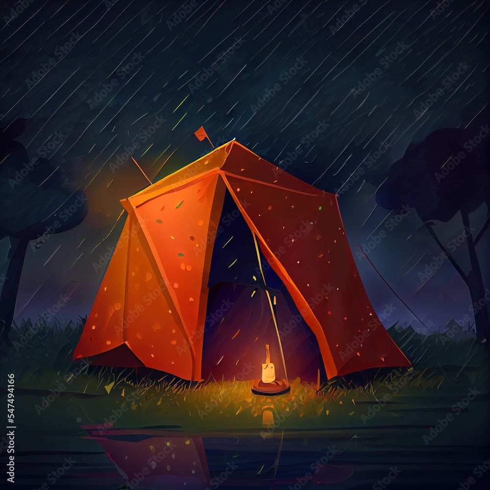 A single orange tent at night, in this cartoon illustration it is raining.