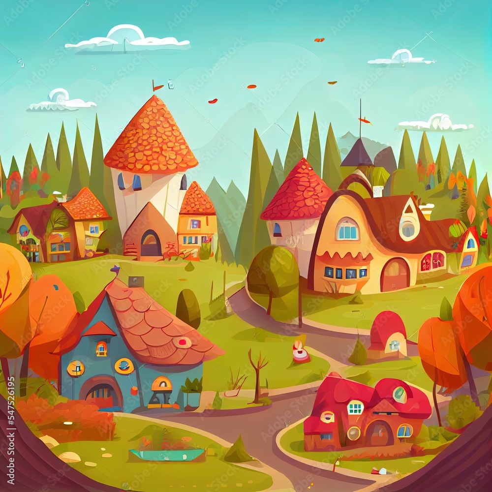 Village of gnomes. Fabulous town with cute little houses. Road. Beautiful cartoon landscape. Summer 