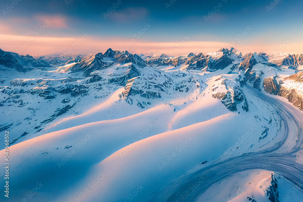 无人机拍摄的雪山鸟瞰图，展示冬季山脉壮观的高山景观